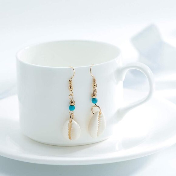Boho Cowrie Shell Turquoise Gold Earrings for Women - Dangle Body Jewelry - Picture 2 of 8